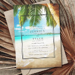 Tropical Beach Destination Wedding Invitation<br><div class="desc">Turquoise waters,  white sand and palm tree design wedding invitations for your tropical destination or beach wedding. This beach wedding invitation is set in a modern mix of fonts and printed in dark gray ink. Customize the invitation with your wedding details.</div>
