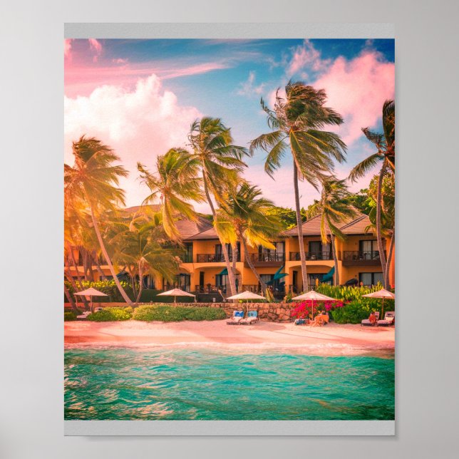 Tropical Beach Hotel avec Cocotiers Poster (Devant)