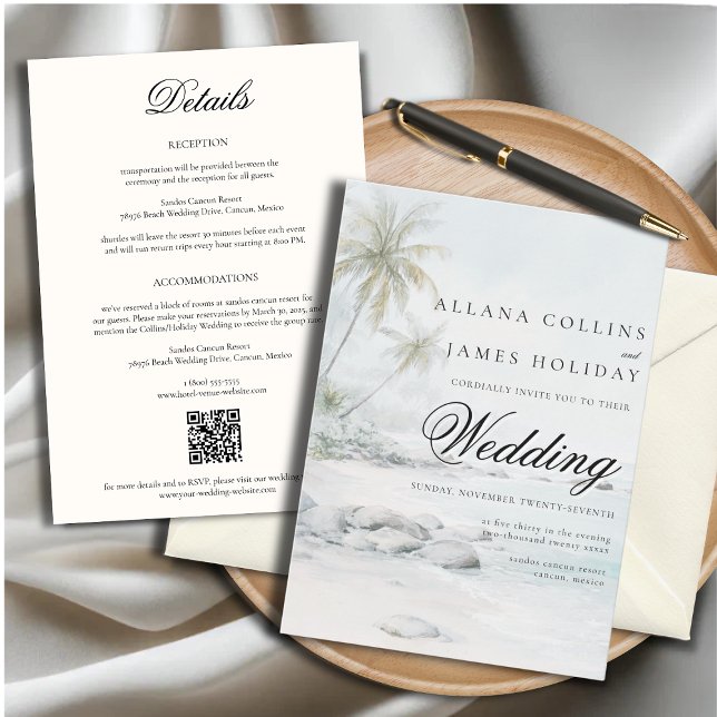 Tropical Beach Palm Watercolor Wedding Invitation (Créateur téléchargé)