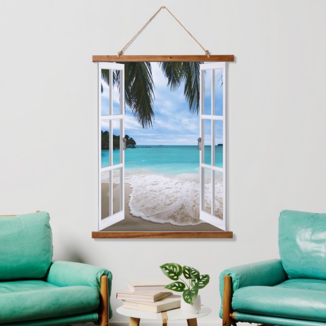 Tropical Beach Window Ocean View Tapisserie murale (Salon)