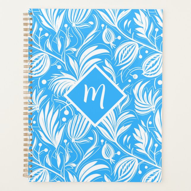 Tropical Blue Floral Pattern Diamond Monogramme (Devant)