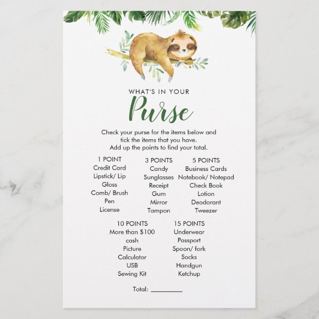 Tropical Boy Sloth Baby shower Jeu de bourse (Devant)