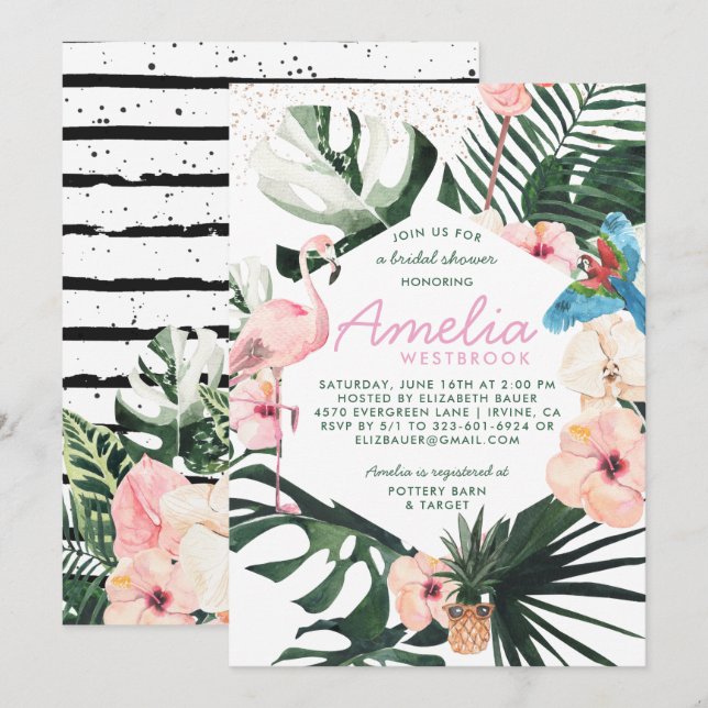 Tropical Chic | Invitation de Baby Shower Floral d (Devant / Derrière)