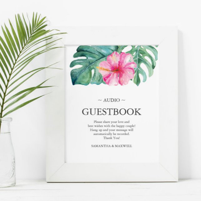 Tropical Destination Wedding Téléphone Livre d'or (Tropical destination wedding decor feature pink hibiscus flower palm leaf art Victoria Grigaliunas)