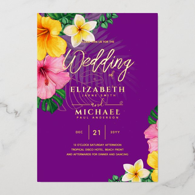 Tropical Disco Faire-part de mariage Gold Magenta (Recto)