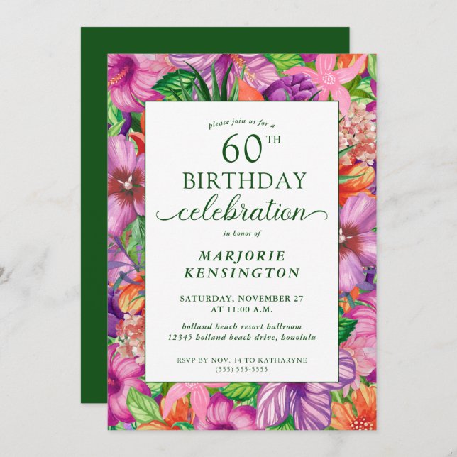 Tropical Floral 60th Birthday Party Invitation (Devant / Derrière)