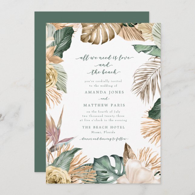 Tropical Floral Love and the Beach Wedding Invitat (Devant / Derrière)