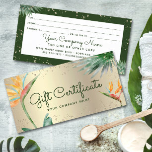 Tropical Floral Script Gold Foil Certificat cadeau