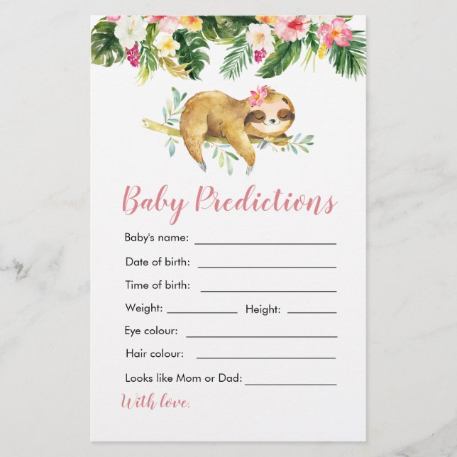 Tropical Girl Sloth Baby shower Baby Prédictions (Devant)