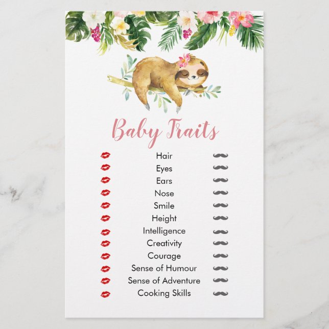 Tropical Girl Sloth Baby shower Baby Traits (Devant)