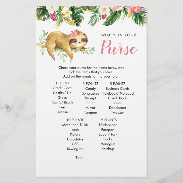 Tropical Girl Sloth Baby shower Jeu de bourse (Devant)