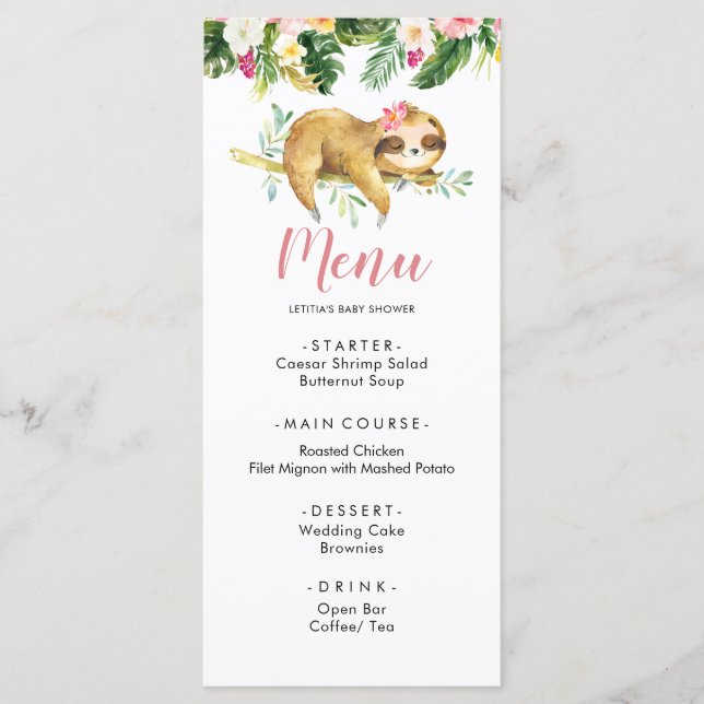 Tropical Girl Sloth Baby shower Menu Modèle (Devant)