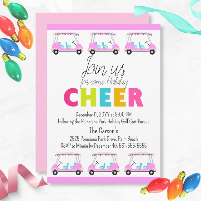 Tropical Golf Cart Parade Fête Invitation (Fun Pink Holiday Golf Cart Parade Party Invitation. Holiday Cheer in tropical style)