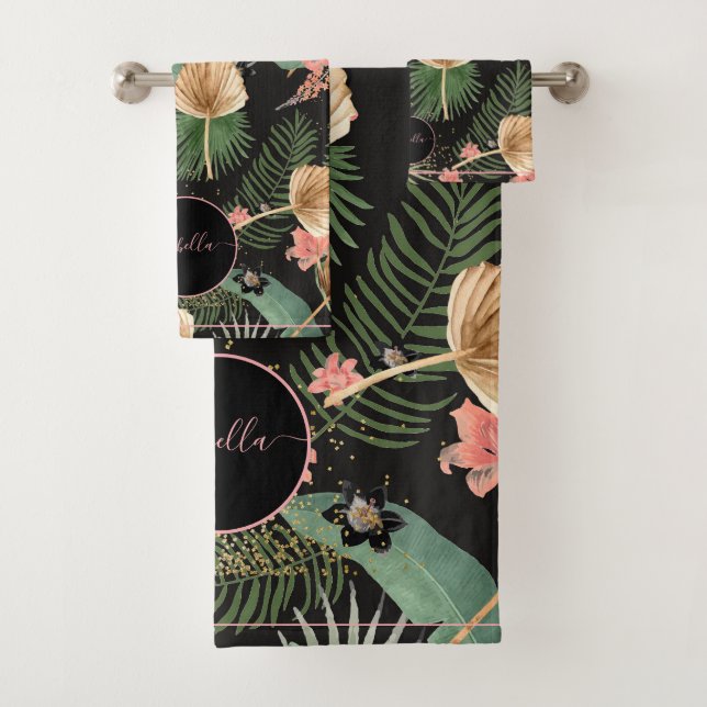 Tropical Green Palm Feuille Floral Monogramme Noir (En situation)