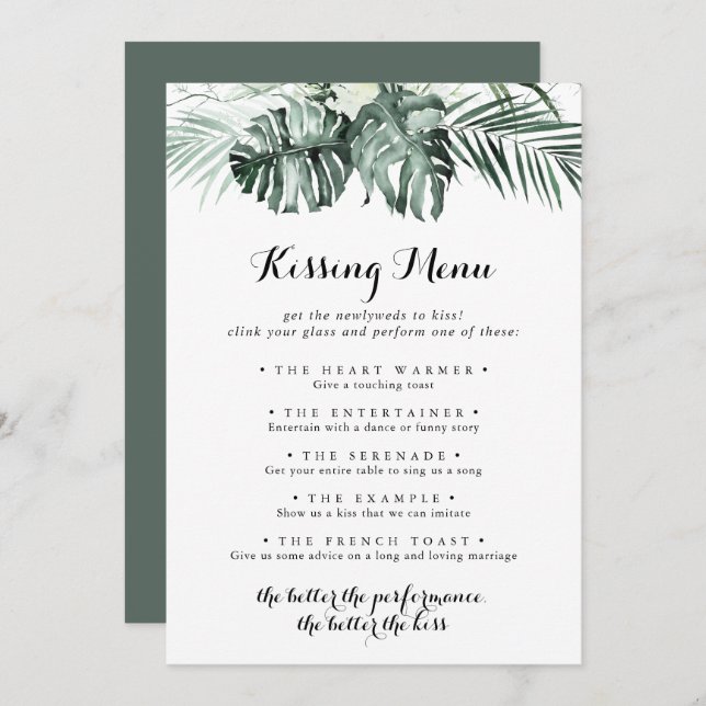 Tropical Greenery Mariage Kissing Menu Carte de je (Devant / Derrière)