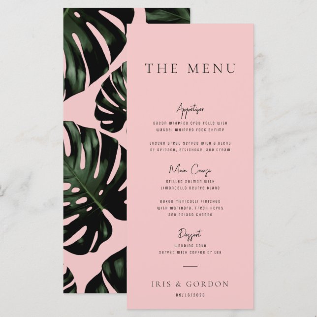 Tropical Greenery Rose Destination Menu Mariage (Devant / Derrière)