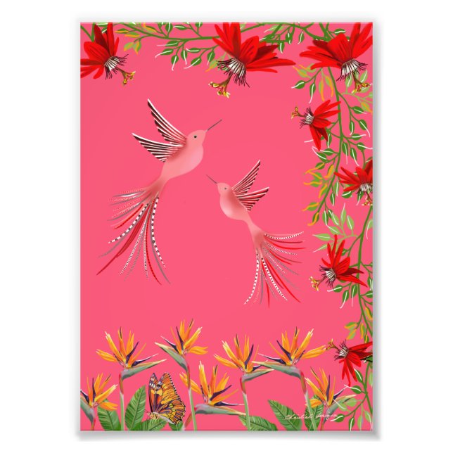 Tropical hummingbirds flowers plant wall poster (Devant)