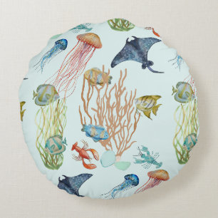 Tropical Jellyfish Coral Et Poisson Coussin Rond
