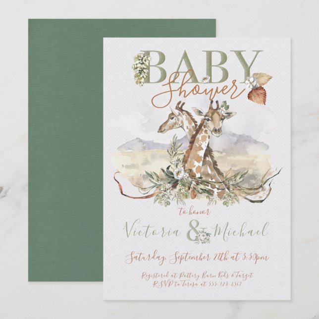 Tropical Jungle Giraffe Bébé invitations douche (Devant / Derrière)