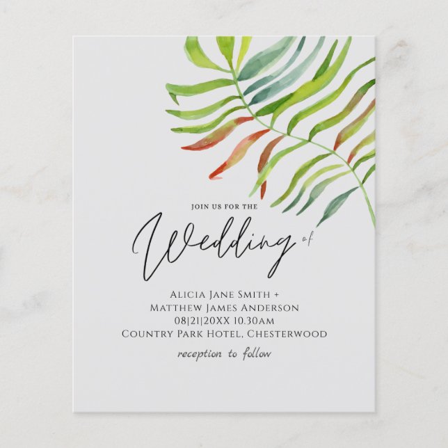 Tropical Leaf Destination Plage Mariage Invitation (Devant)