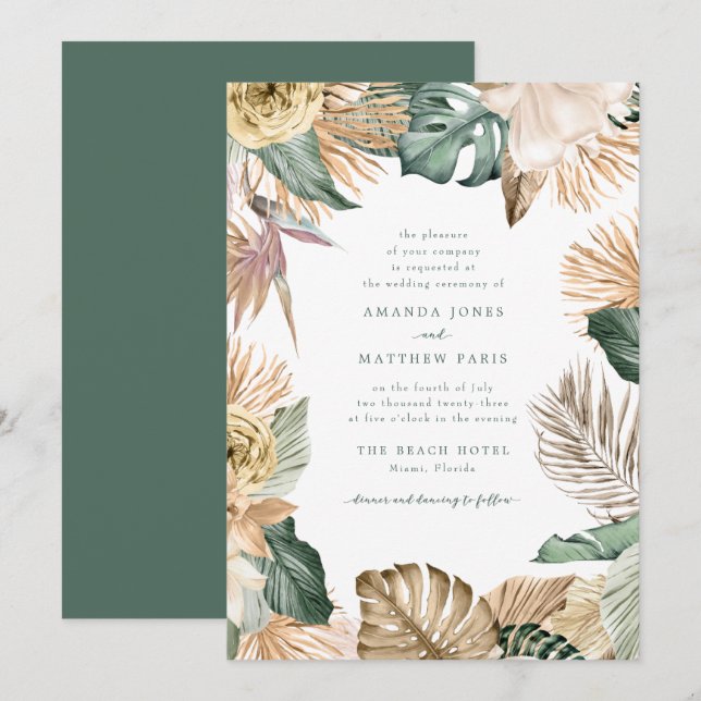 Tropical Leaf Love and the Beach Wedding Invitatio (Devant / Derrière)