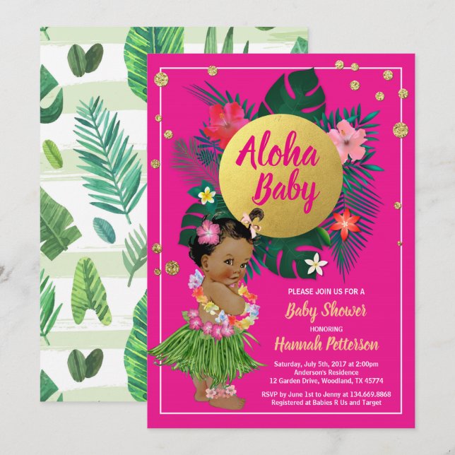 Tropical luau bébé fille douche invitation rose ch (Devant / Derrière)