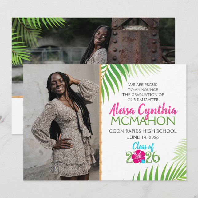Tropical Luau Graduation 2 Faire-part photo (Devant / Derrière)