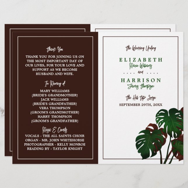 Tropical Monstera Beach Wedding Programme (Devant / Derrière)