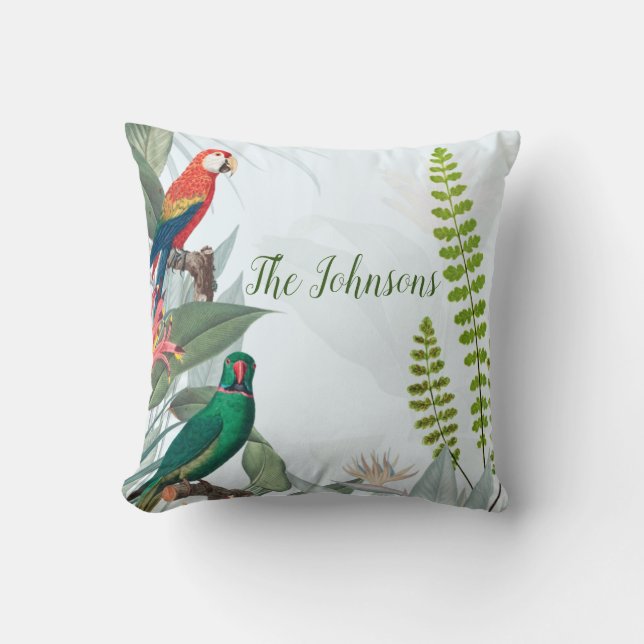 Tropical Oiseaux Perroquets & Feuillage Coussin Dé (Recto)