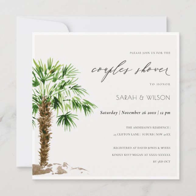 Tropical Palm Aquarelle Couples Invitation douche (Devant)