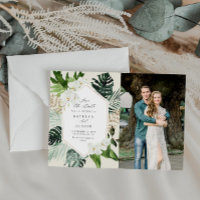 tropical palm greenery wedding photo save the date