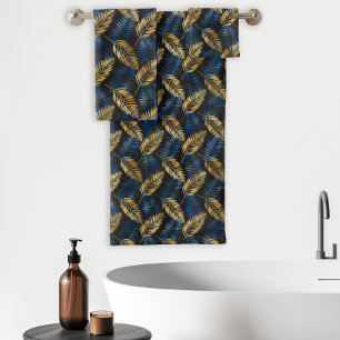 Tropical Palm Leaf Fronds Motif Black Blue Gold