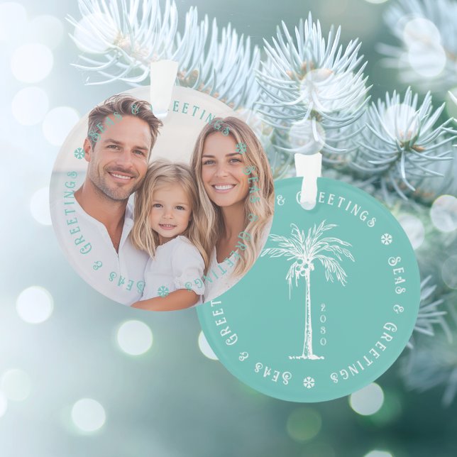 Tropical Palm Seas & Greetings Christmas Photo (Tropical Palm Seas & Greetings Christmas Photo Ornament)