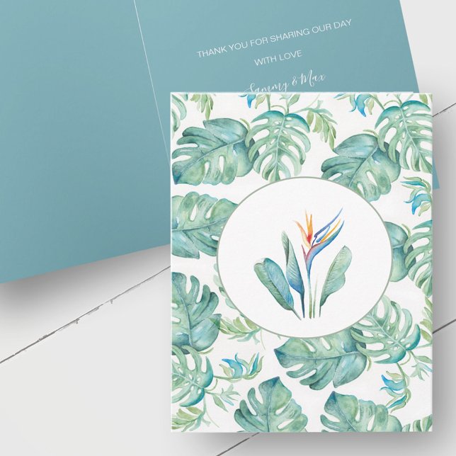 Tropical Personnalisé Mariage Merci Cartes (Tropical wedding thank you cards watercolor botanical art by Victoria Grigaliunas Do Tell A Belle)