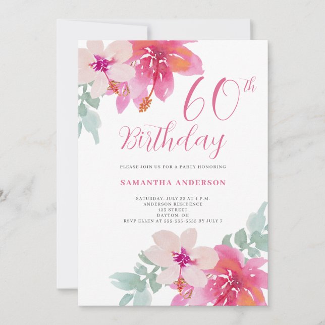 Tropical Pink Floral 60e anniversaire Invitation (Devant)