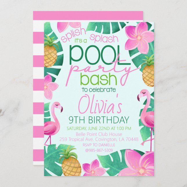 Tropical Pool Party Birthday Party Invitation (Devant / Derrière)