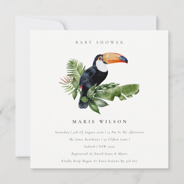 Tropical Rainforest Baby shower Toucan Invitation (Devant)