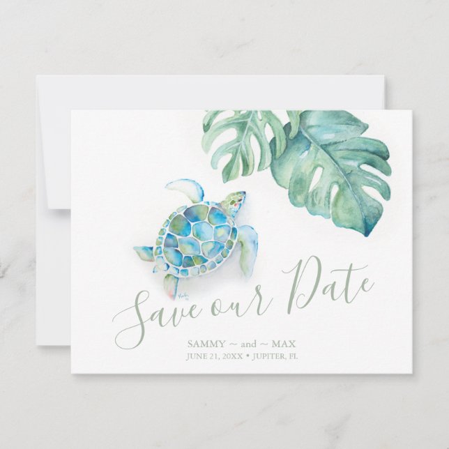 Tropical Save the Date avec Tortue de Mer à l'aqua (Devant)
