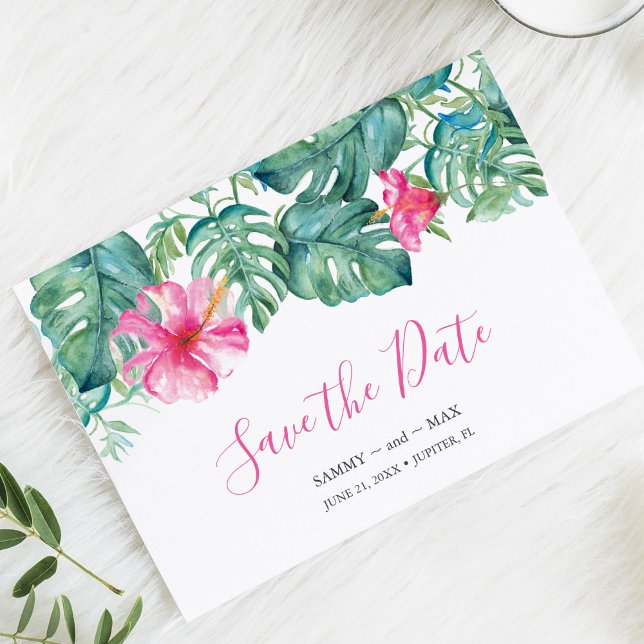 Tropical Save the Date pour mariage (Tropical destination save the date for wedding. Hand painted watercolor art by Victoria Grigaliunas)