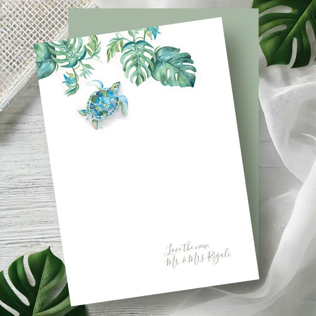 Tropical Sea Turtle Mariage Merci Cartes (Tropical notecards watercolor sea turtle and palm leaf art by Victoria Grigaliunas, Do Tell A Belle)