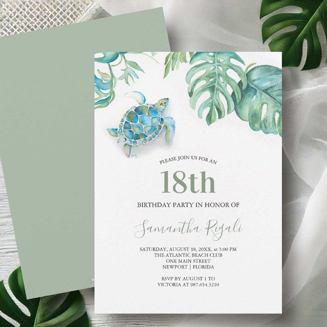 Tropical Sea Turtle Watercolor Birthday Invitation (18th birthday invitations watercolor sea turtle & palm leaf art by Victoria Grigaliunas DoTellABelle)
