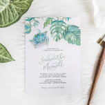 Tropical Sea Turtle Watercolor Wedding Invitation<br><div class="desc">This simple wedding invitation features your names set in a stylish handwritten script typography with event details in a classic charcoal grey serif font on a crisp white background with a top boarder of my original watercolor sea turtle and monstera palm leaves in shades of blues, greens and turquoise. The...</div>