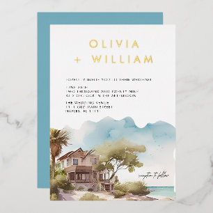 Tropical Seascape Beach Wedding Foil Invitation