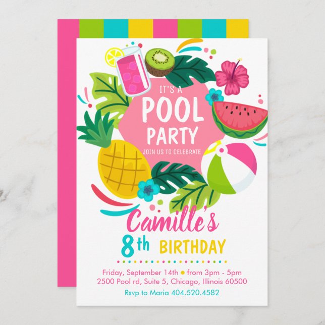 Tropical summer pool party Invitation (Devant / Derrière)
