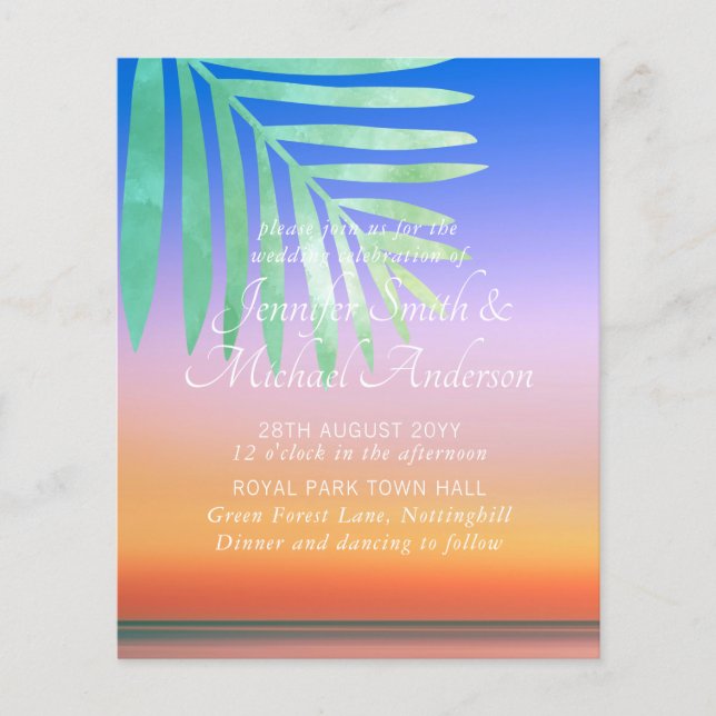 Tropical Sunset Beach Mariage Invitations Budget (Devant)