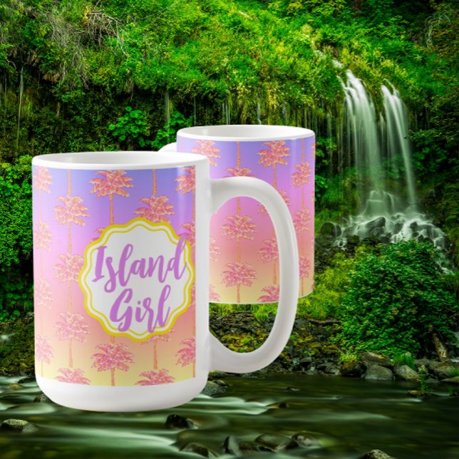 Tropical Sunset Island Girl Palm Rose Mug (Personalize it! 2 sizes)