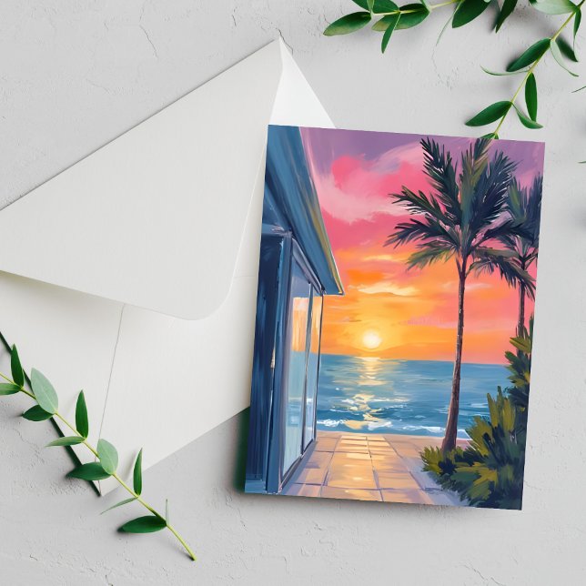 Tropical Sunset Palm Beach Ocean Watercolor Card (Créateur téléchargé)