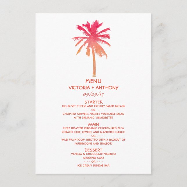 Tropical Sunset Palm Tree Beach Wedding Menu (Devant)