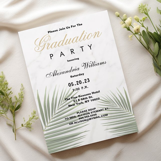 Tropical vert et blanc invitation de fin d'études  (Tropical green white marble floral Graduation )