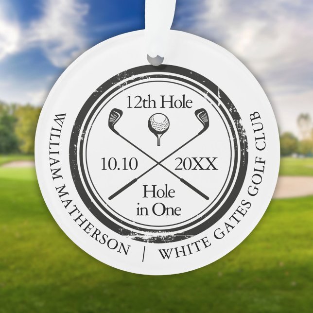 Trou De Golf Personnalisé En Un Noir Et Blanc Rétr (Custom Golf Hole In One Retro Black And White Ornament)